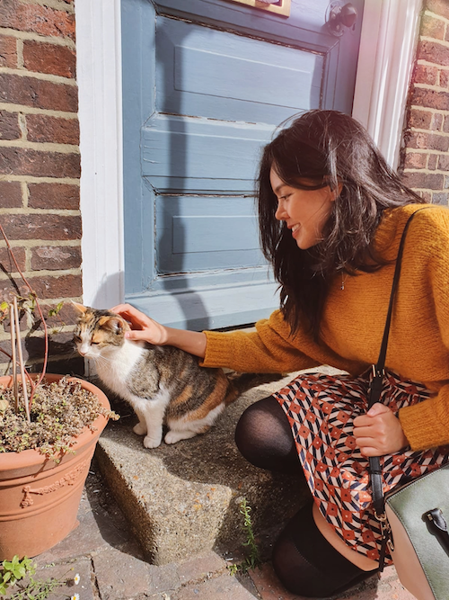 a woman kneels in front of a doorstep to pet a calico cat